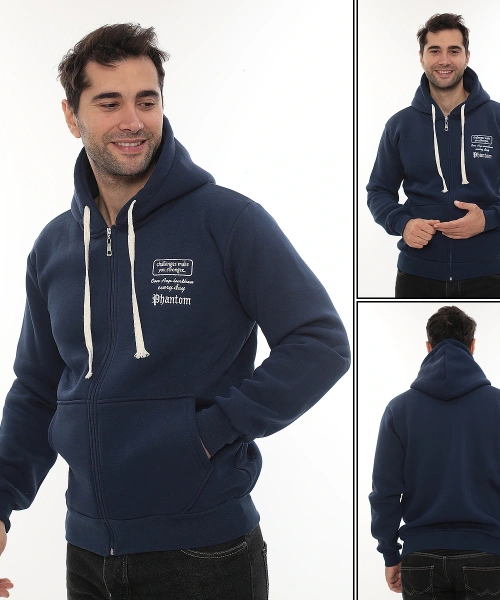 Erkek Mavi Standart Fit Normal Kesim Içi Polarlı Tam Fermuarlı Kapüşonlu Pamuklu Sweatshirt