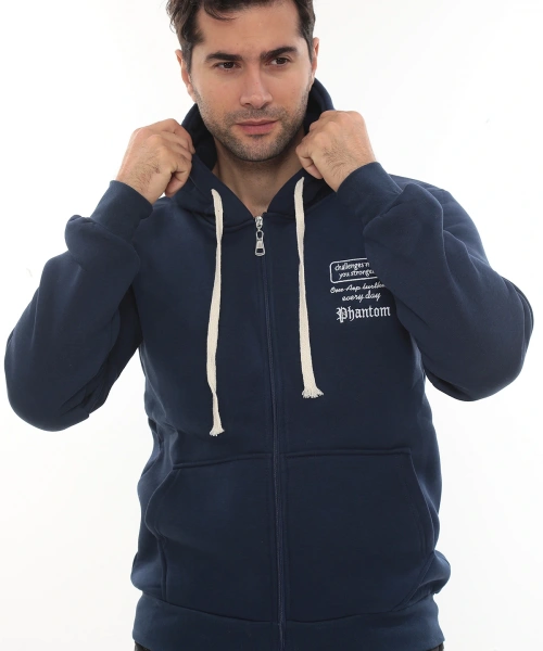 Erkek Mavi Standart Fit Normal Kesim Içi Polarlı Tam Fermuarlı Kapüşonlu Pamuklu Sweatshirt
