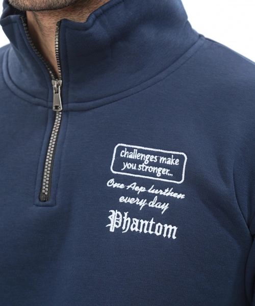 Erkek Mavi Standart Fit Normal Kesim Içi Polarlı Yarım Fermuarlı Dik Bato Yaka Pamuklu Sweatshirt