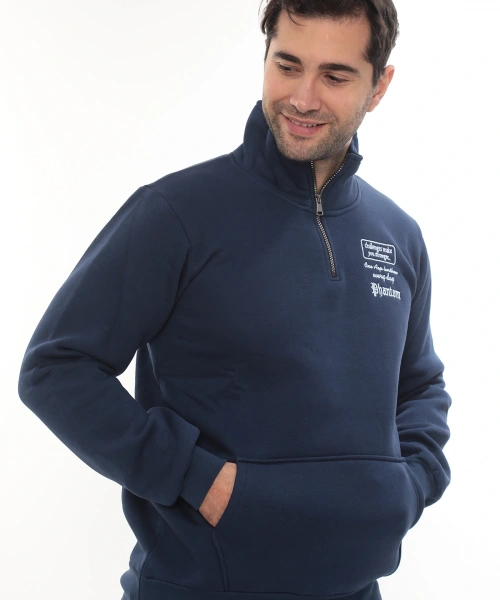 Erkek Mavi Standart Fit Normal Kesim Içi Polarlı Yarım Fermuarlı Dik Bato Yaka Pamuklu Sweatshirt