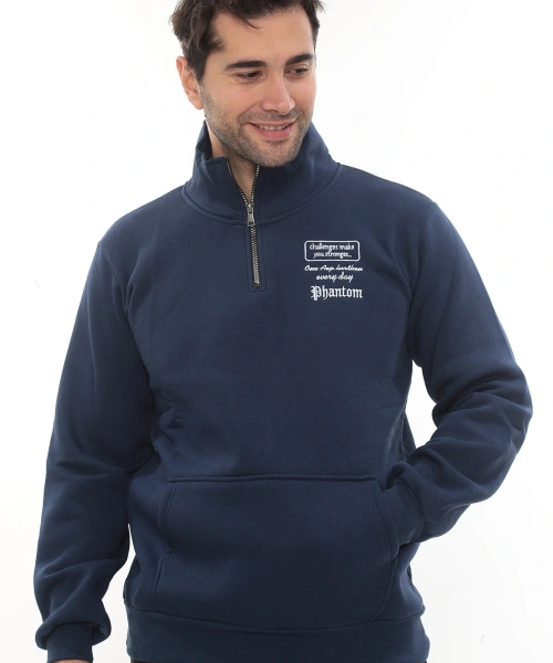 Erkek Mavi Standart Fit Normal Kesim Içi Polarlı Yarım Fermuarlı Dik Bato Yaka Pamuklu Sweatshirt