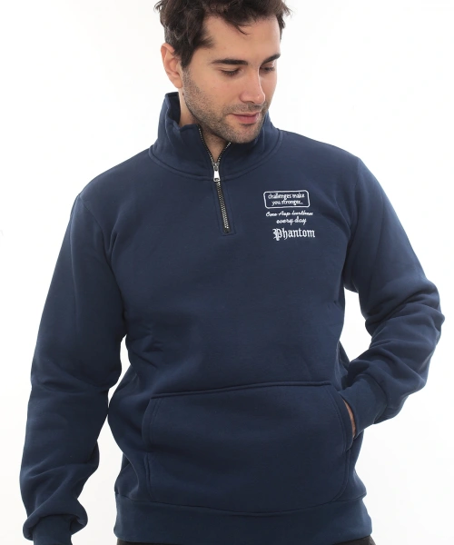 Erkek Mavi Standart Fit Normal Kesim Içi Polarlı Yarım Fermuarlı Dik Bato Yaka Pamuklu Sweatshirt