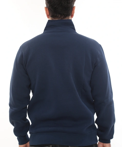 Erkek Mavi Standart Fit Normal Kesim Içi Polarlı Yarım Fermuarlı Dik Bato Yaka Pamuklu Sweatshirt
