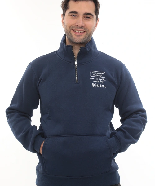 Erkek Mavi Standart Fit Normal Kesim Içi Polarlı Yarım Fermuarlı Dik Bato Yaka Pamuklu Sweatshirt