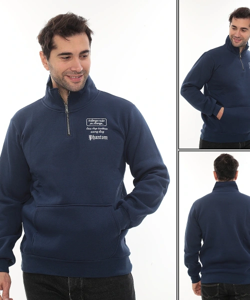 Erkek Mavi Standart Fit Normal Kesim Içi Polarlı Yarım Fermuarlı Dik Bato Yaka Pamuklu Sweatshirt