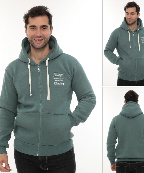Erkek Petrol Standart Fit Normal Kesim Içi Polarlı Tam Fermuarlı Kapüşonlu Pamuklu Sweatshirt