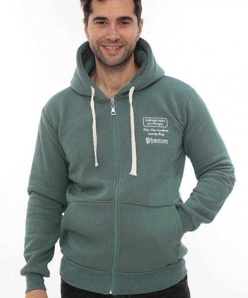 Erkek Petrol Standart Fit Normal Kesim Içi Polarlı Tam Fermuarlı Kapüşonlu Pamuklu Sweatshirt