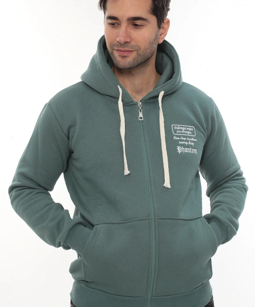Erkek Petrol Standart Fit Normal Kesim Içi Polarlı Tam Fermuarlı Kapüşonlu Pamuklu Sweatshirt