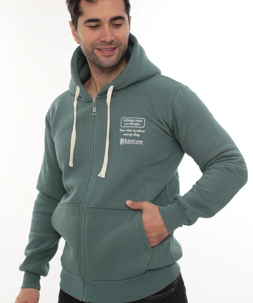 Erkek Petrol Standart Fit Normal Kesim Içi Polarlı Tam Fermuarlı Kapüşonlu Pamuklu Sweatshirt
