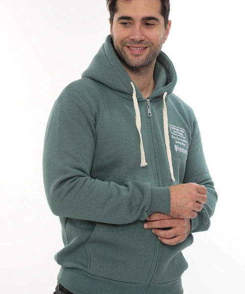 Erkek Petrol Standart Fit Normal Kesim Içi Polarlı Tam Fermuarlı Kapüşonlu Pamuklu Sweatshirt