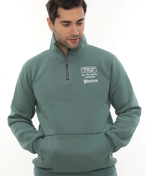 Erkek Petrol Standart Fit Normal Kesim Içi Polarlı Yarım Fermuarlı Dik Bato Yaka Pamuklu Sweatshirt