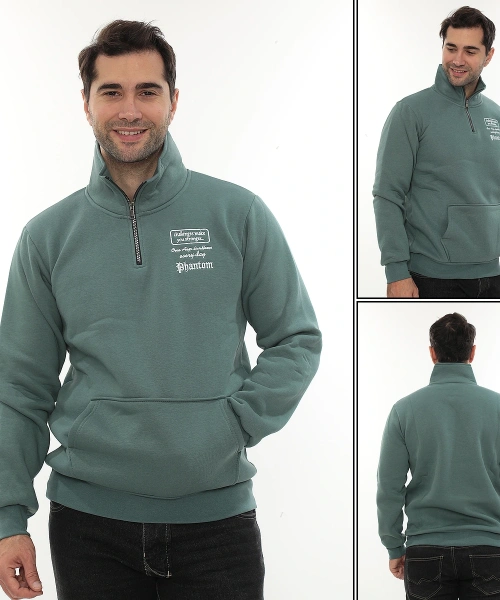 Erkek Petrol Standart Fit Normal Kesim Içi Polarlı Yarım Fermuarlı Dik Bato Yaka Pamuklu Sweatshirt