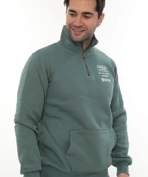 Erkek Petrol Standart Fit Normal Kesim Içi Polarlı Yarım Fermuarlı Dik Bato Yaka Pamuklu Sweatshirt