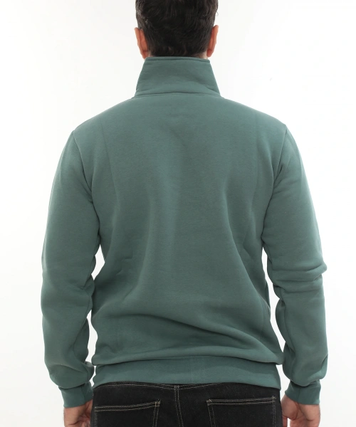Erkek Petrol Standart Fit Normal Kesim Içi Polarlı Yarım Fermuarlı Dik Bato Yaka Pamuklu Sweatshirt