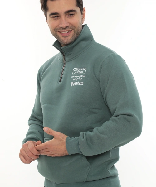 Erkek Petrol Standart Fit Normal Kesim Içi Polarlı Yarım Fermuarlı Dik Bato Yaka Pamuklu Sweatshirt