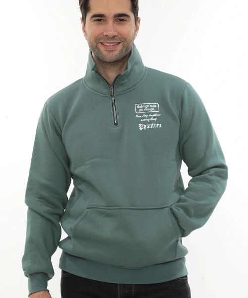 Erkek Petrol Standart Fit Normal Kesim Içi Polarlı Yarım Fermuarlı Dik Bato Yaka Pamuklu Sweatshirt