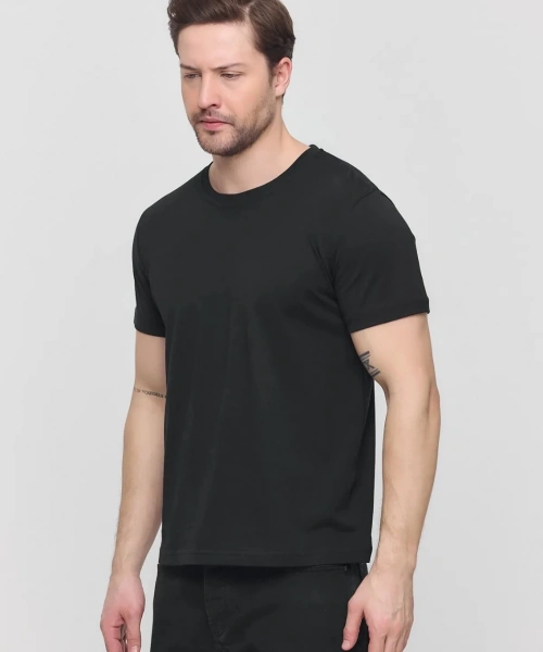 Erkek Siyah Likralı Şık Pamuklu Slim Fit Dar Kesim Bisiklet Yaka Basic Tişört