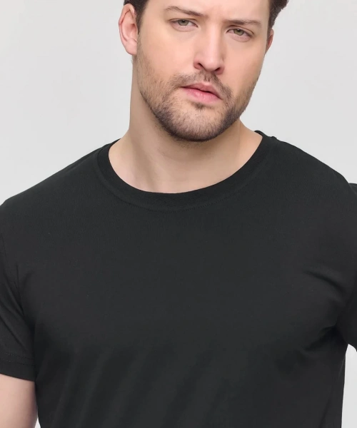 Erkek Siyah Likralı Şık Pamuklu Slim Fit Dar Kesim Bisiklet Yaka Basic Tişört