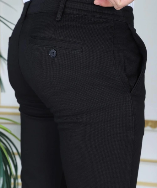 Erkek Siyah Slim Fit Esnek Likralı Armürlü Keten Pantolon Bağcıklı Kemerli Beli Lastikli Şık Pantolon