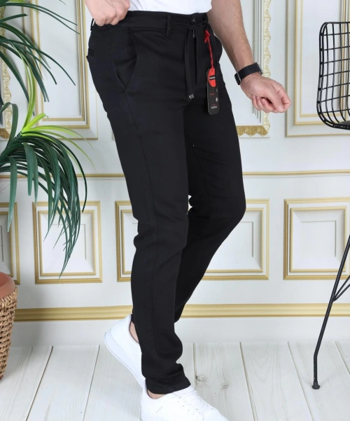 Erkek Siyah Slim Fit Esnek Likralı Armürlü Keten Pantolon Bağcıklı Kemerli Beli Lastikli Şık Pantolon