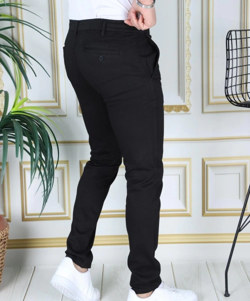 Erkek Siyah Slim Fit Esnek Likralı Armürlü Keten Pantolon Bağcıklı Kemerli Beli Lastikli Şık Pantolon