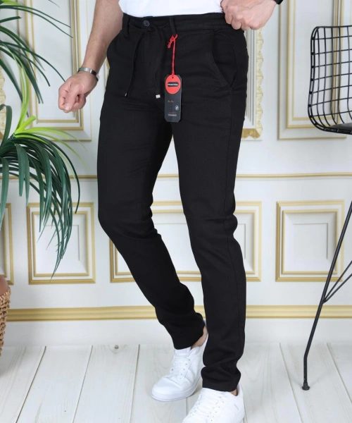 Erkek Siyah Slim Fit Esnek Likralı Armürlü Keten Pantolon Bağcıklı Kemerli Beli Lastikli Şık Pantolon