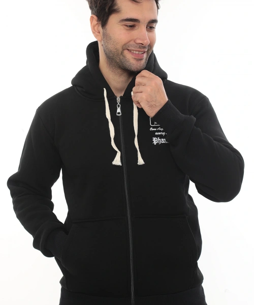 Erkek Siyah Standart Fit Normal Kesim Içi Polarlı Tam Fermuarlı Kapüşonlu Pamuklu Sweatshirt