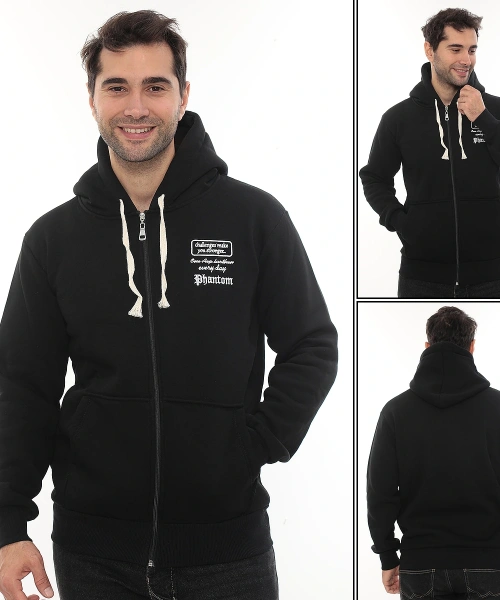 Erkek Siyah Standart Fit Normal Kesim Içi Polarlı Tam Fermuarlı Kapüşonlu Pamuklu Sweatshirt