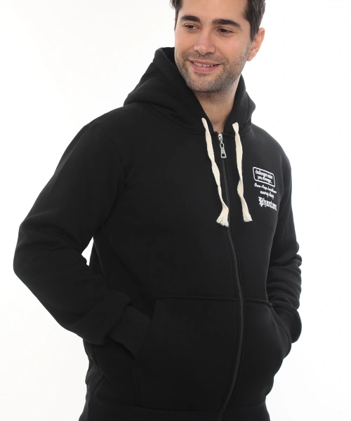 Erkek Siyah Standart Fit Normal Kesim Içi Polarlı Tam Fermuarlı Kapüşonlu Pamuklu Sweatshirt