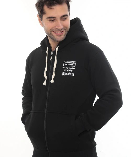 Erkek Siyah Standart Fit Normal Kesim Içi Polarlı Tam Fermuarlı Kapüşonlu Pamuklu Sweatshirt
