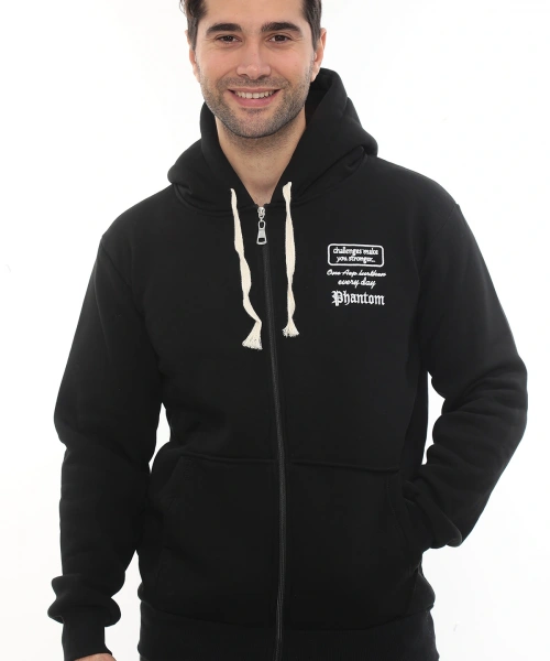 Erkek Siyah Standart Fit Normal Kesim Içi Polarlı Tam Fermuarlı Kapüşonlu Pamuklu Sweatshirt