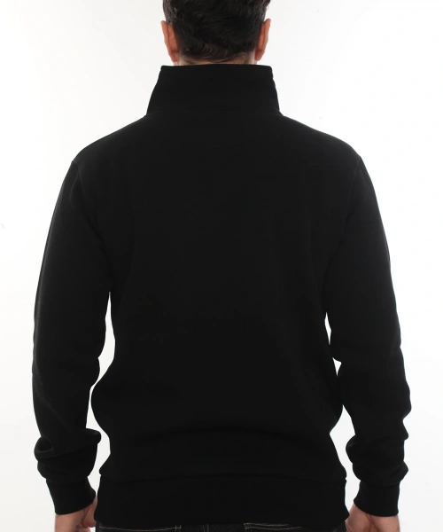 Erkek Siyah Standart Fit Normal Kesim Içi Polarlı Yarım Fermuarlı Dik Bato Yaka Pamuklu Sweatshirt