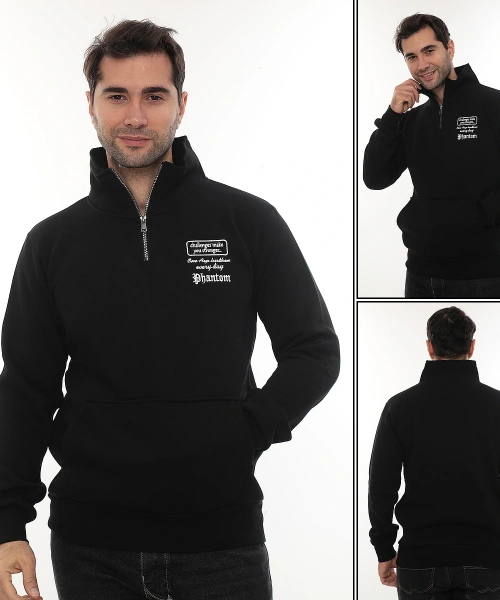 Erkek Siyah Standart Fit Normal Kesim Içi Polarlı Yarım Fermuarlı Dik Bato Yaka Pamuklu Sweatshirt