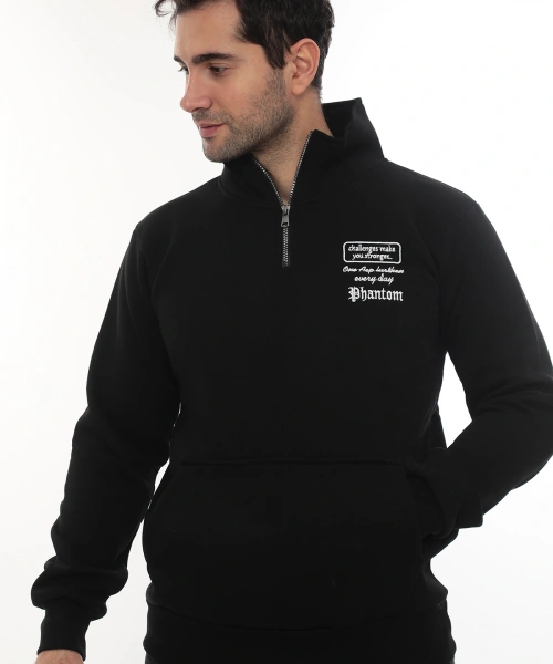 Erkek Siyah Standart Fit Normal Kesim Içi Polarlı Yarım Fermuarlı Dik Bato Yaka Pamuklu Sweatshirt