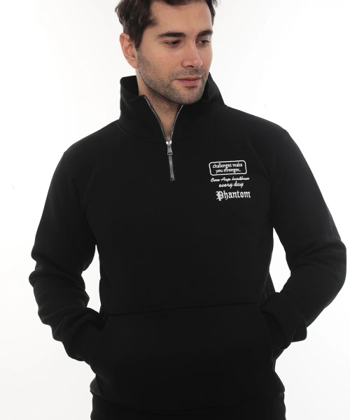 Erkek Siyah Standart Fit Normal Kesim Içi Polarlı Yarım Fermuarlı Dik Bato Yaka Pamuklu Sweatshirt