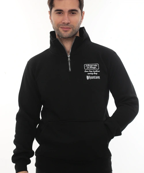 Erkek Siyah Standart Fit Normal Kesim Içi Polarlı Yarım Fermuarlı Dik Bato Yaka Pamuklu Sweatshirt