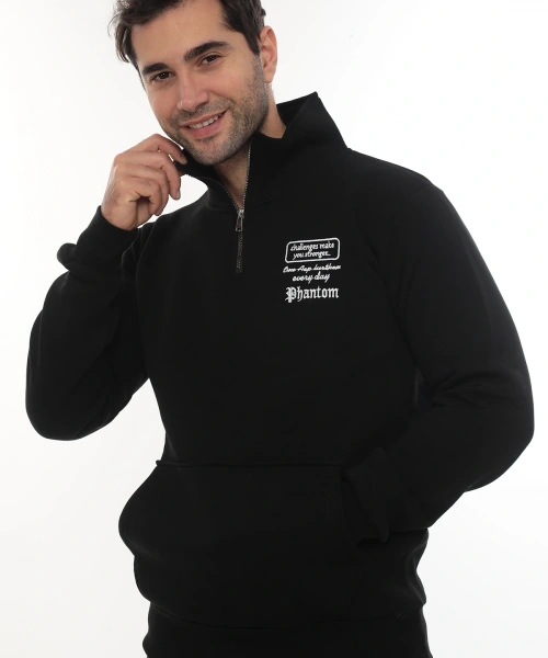 Erkek Siyah Standart Fit Normal Kesim Içi Polarlı Yarım Fermuarlı Dik Bato Yaka Pamuklu Sweatshirt
