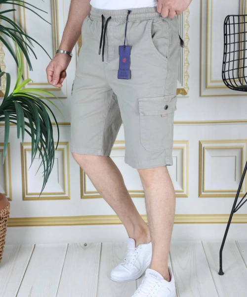 Erkek Su Yeşili Likralı Gabardin Şort Kargo Cepli Pamuklu Beli Lastikli Bağcıklı Basic Şort