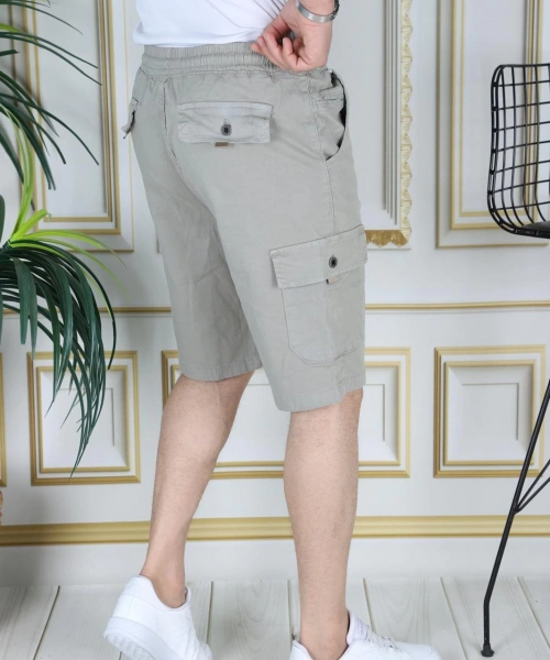 Erkek Su Yeşili Likralı Gabardin Şort Kargo Cepli Pamuklu Beli Lastikli Bağcıklı Basic Şort