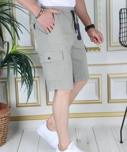 Erkek Su Yeşili Likralı Gabardin Şort Kargo Cepli Pamuklu Beli Lastikli Bağcıklı Basic Şort