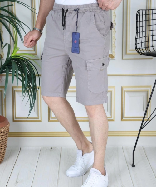 Erkek Taş Renk Likralı Gabardin Şort Kargo Cepli Pamuklu Beli Lastikli Bağcıklı Basic Şort