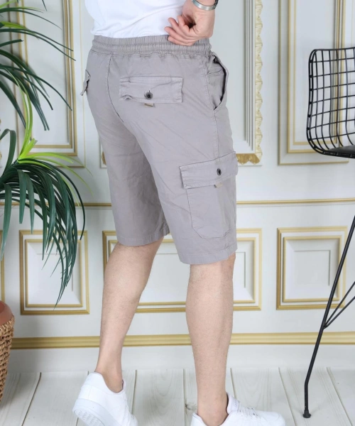 Erkek Taş Renk Likralı Gabardin Şort Kargo Cepli Pamuklu Beli Lastikli Bağcıklı Basic Şort