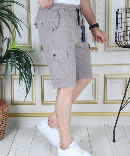 Erkek Taş Renk Likralı Gabardin Şort Kargo Cepli Pamuklu Beli Lastikli Bağcıklı Basic Şort