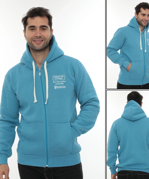 Erkek Turkuaz Standart Fit Normal Kesim Içi Polarlı Tam Fermuarlı Kapüşonlu Pamuklu Sweatshirt