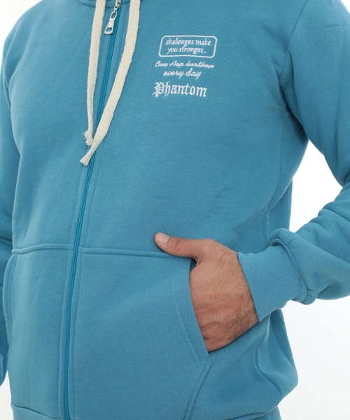 Erkek Turkuaz Standart Fit Normal Kesim Içi Polarlı Tam Fermuarlı Kapüşonlu Pamuklu Sweatshirt