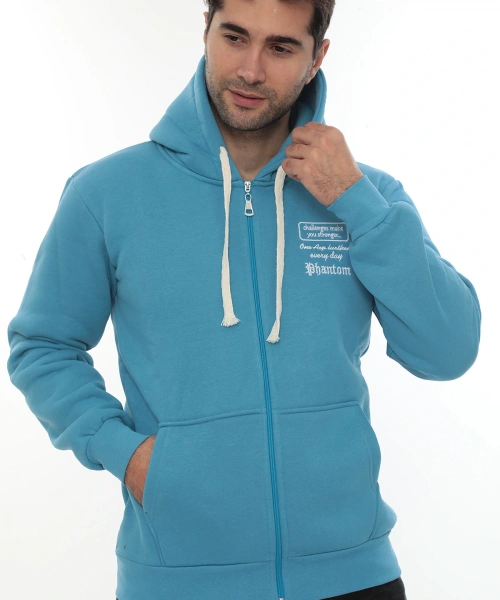 Erkek Turkuaz Standart Fit Normal Kesim Içi Polarlı Tam Fermuarlı Kapüşonlu Pamuklu Sweatshirt