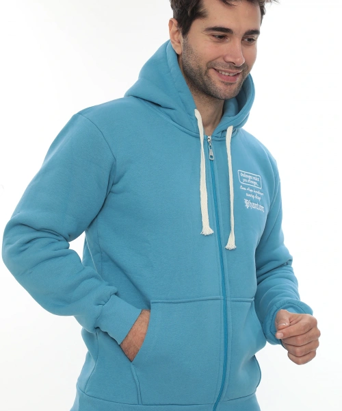 Erkek Turkuaz Standart Fit Normal Kesim Içi Polarlı Tam Fermuarlı Kapüşonlu Pamuklu Sweatshirt