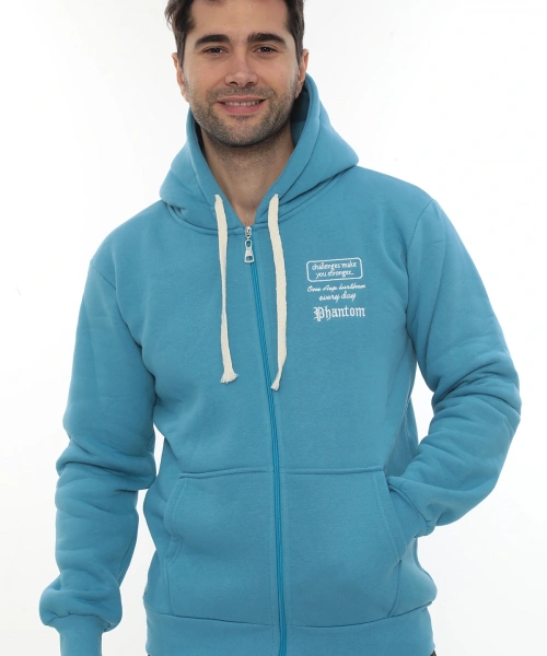 Erkek Turkuaz Standart Fit Normal Kesim Içi Polarlı Tam Fermuarlı Kapüşonlu Pamuklu Sweatshirt