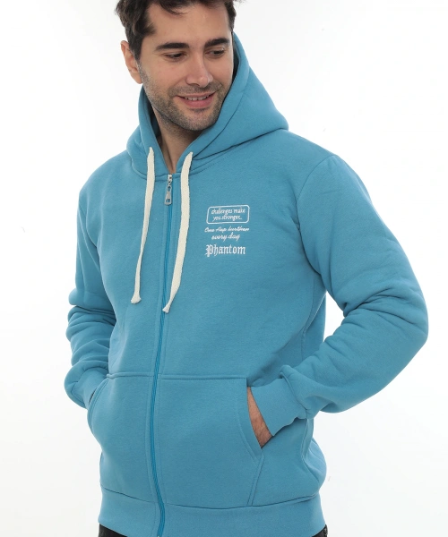 Erkek Turkuaz Standart Fit Normal Kesim Içi Polarlı Tam Fermuarlı Kapüşonlu Pamuklu Sweatshirt