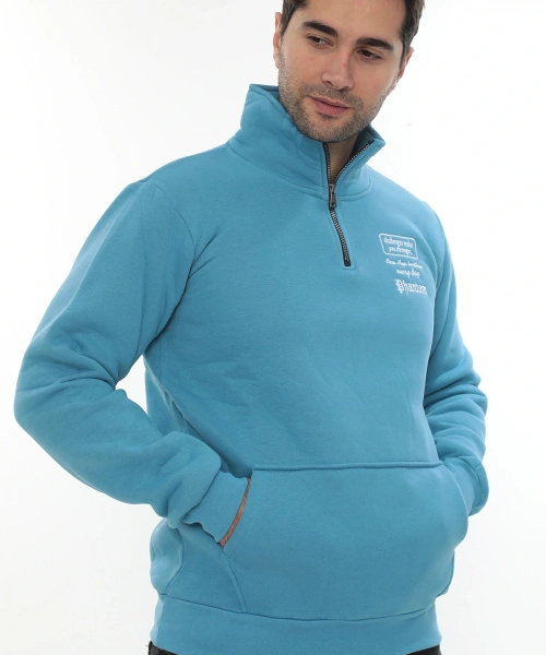 Erkek Turkuaz Standart Fit Normal Kesim Içi Polarlı Yarım Fermuarlı Dik Bato Yaka Pamuklu Sweatshirt